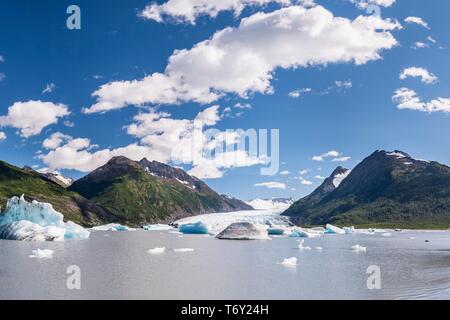 Spencer Glacier, le lac glaciaire avec des icebergs, la Forêt Nationale de Chugach, péninsule de Kenai, Alaska, USA Banque D'Images