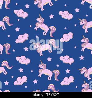 Vector pattern transparente sur un fond bleu avec une licorne rose poneys à dormir avec les nuages et les étoiles pour les enfants et les textiles Illustration de Vecteur