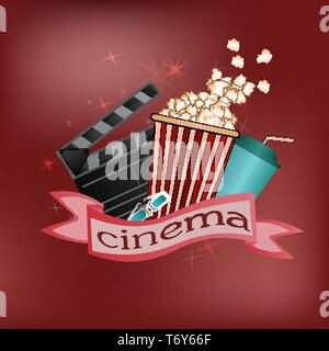 Vector affiche pour le cinéma ou la publicité cinéma sur un fond rouge avec le pop-corn, verre lunettes 3D et d'arrêt bâti avec l'inscription et le texte Illustration de Vecteur