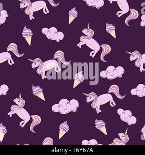 Motif transparent vecteur sur fond mauve licorne poneys rose avec de la crème glacée et les nuages doux pour les enfants et les textiles Illustration de Vecteur