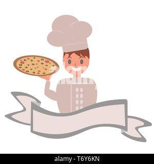 Logo vectoriel pour la publicité de bannière pizza restaurant italien pour nom avec cook et lave, chef de bande dessinée avec le ruban pour l'inscription et le texte Illustration de Vecteur