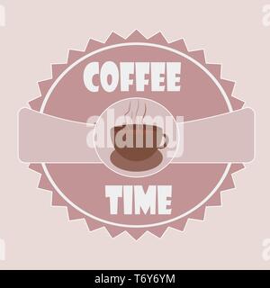 Logo vector pour bannière publicitaire pour restaurant Nom de l'entreprise couleur rose avec tasse de café cappuccino latte sur fond clair Illustration de Vecteur