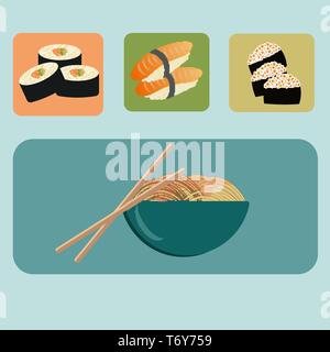 Icônes clipart vecteur avec les aliments au japon avec sushi avec le poisson et le riz et les nouilles avec des baguettes pour la publicité sur un restaurant retour turquoise Illustration de Vecteur