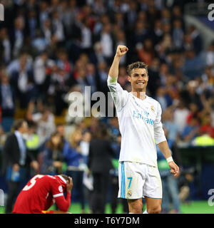 Cristiano Ronaldo du Real Madrid célèbre après avoir gagné la finale de la Ligue des champions de 2018 match contre Liverpool Banque D'Images