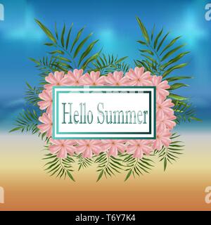 Vector wallpaper banner donnant sur la plage de sable doré et la mer avec des branches de palmier et des fleurs roses dans le cadre d'une affiche avec le texte de l'été il Illustration de Vecteur