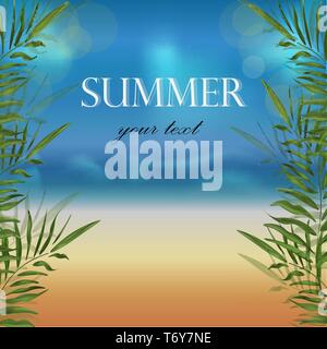 Vector wallpaper banner donnant sur la plage de sable doré et la mer avec des branches de palmier pour poster avec des lettres de l'été bonjour, billet d'illustrati Illustration de Vecteur