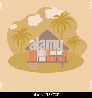 Vector abstract maison d'un bungalow en bois sur le bord de la mer dans le sable avec palmiers. architecture paysage sur fond jaune Illustration de Vecteur