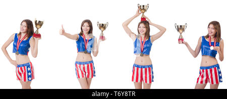 Young female boxer avec cuvette isolated on white Banque D'Images