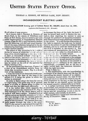 Document officiel de brevets d'invention de Thomas Edison, la 'Lampe électrique à incandescence.', 1881. Image courtoisie du département américain de l'énergie, du New Jersey. () Banque D'Images