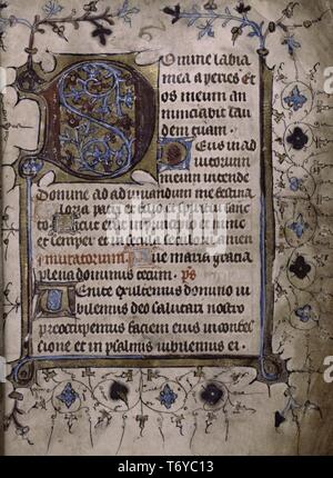 La page d'un ancien livre, grande initiale rouge sur un champ d'or, 1392. À partir de la Bibliothèque publique de New York. () Banque D'Images