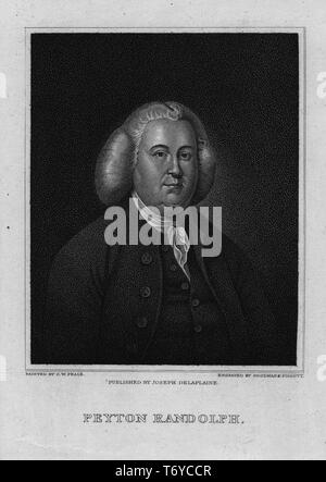 Portrait gravé de Peyton Randolph, le premier président du Congrès continental, un semoir et agent de la fonction publique à partir de Williamsburg, Virginie, 1870. À partir de la Bibliothèque publique de New York. () Banque D'Images