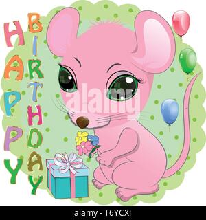 Carte de souhaits d'anniversaire avec mignon. souris cartoon vector illustration avec la souris rose. Illustration de Vecteur