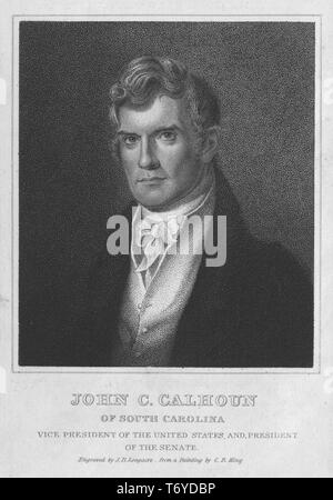 Portrait gravé de John Caldwell Calhoun, vice-président des États-Unis, et le président du Sénat, un homme d'État américain et théoricien de la politique à partir de la Caroline du Sud, 1843. À partir de la Bibliothèque publique de New York. ()