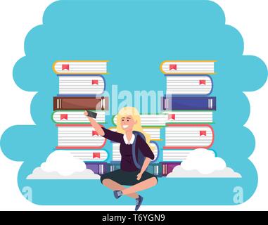 L'éducation en ligne étudiant millénaire blond woman wearing dress sitting book stacks nuages de fond splash frame vector illustration graphic design Illustration de Vecteur