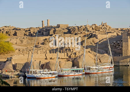 Vue de l'île Eléphantine, voile felouques et les ruines antiques sur la rivière du Nil, Assouan Egypte Banque D'Images