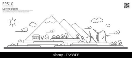 ECO Nature Paysage. Montagne, turbine, l'arbre. L'énergie renouvelable modèle plat concept. Illustration de Vecteur