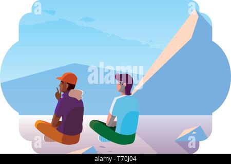 Hommes couple contemplant horizon en scène snowscape vector illustration design Illustration de Vecteur