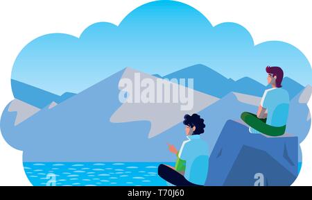 Hommes couple contemplant horizon en montagne et lac lieux vector illustration Illustration de Vecteur