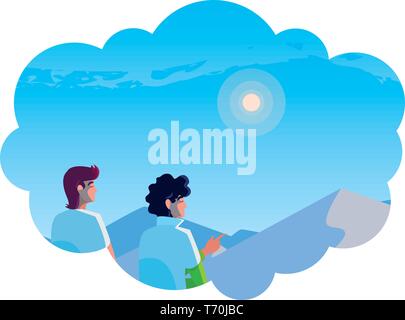 Hommes couple contemplant horizon en scène snowscape vector illustration design Illustration de Vecteur