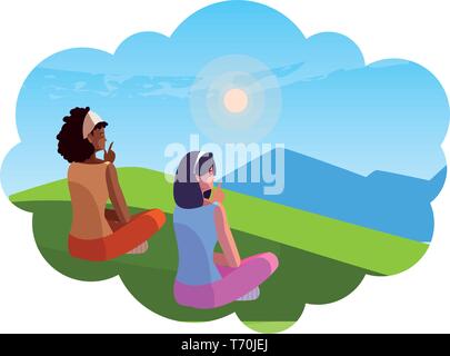 Couple femmes contemplant l'horizon dans le domaine de la conception d'illustration vectorielle de scène Illustration de Vecteur