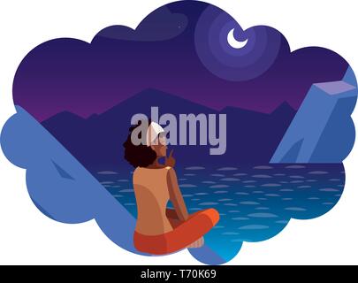 Femme afro qui envisagent d'horizon dans les montagnes en scène de nuit vector illustration Illustration de Vecteur