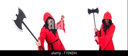 Bourreau en costume rouge avec ax on white Banque D'Images