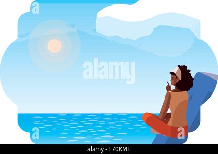 Femme afro contemplant horizon en montagne et lac lieux vector illustration Illustration de Vecteur