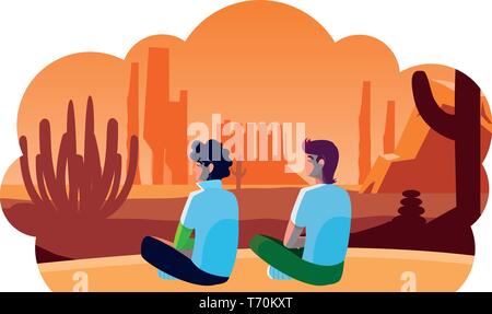 Hommes couple contemplant horizon dans la scène du désert conception d'illustration vectorielle Illustration de Vecteur