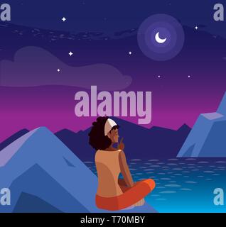 Femme afro qui envisagent d'horizon dans les montagnes en scène de nuit vector illustration Illustration de Vecteur