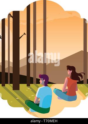 Couple contemplating horizon dans la forêt vecteur scène illustration design Illustration de Vecteur