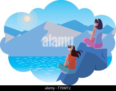 Les femmes couple contemplating horizon en montagne et lac vector illustration Illustration de Vecteur