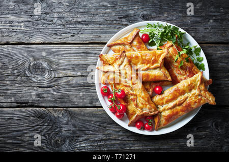 Vue de dessus de pâte feuilletée farcie de poulet cuit, Borek pâtés au poulet, poulet Feuilletés papillotes sur une plaque blanche avec des tomates cerises et le persil Banque D'Images