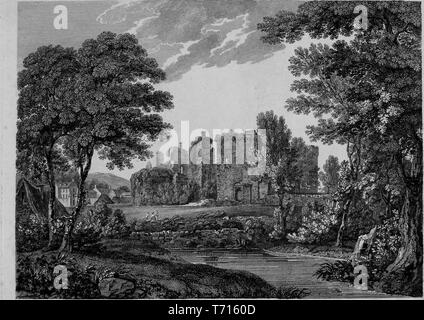 Gravure des ruines du château de Warkworth à Warkworth, Northumberland, Angleterre, du livre 'Antiquités de Grande Bretagne' par William Byrne et Thomas Hearne, 1825. Avec la permission de Internet Archive. () Banque D'Images