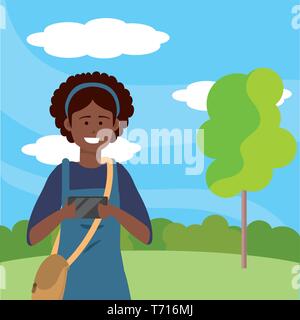 Étudiant millénaire afro femme portant une salopette en utilisant la prise de smartphone à l'extérieur d'arbres fond selfies herbes et les buissons portrait vector illustration graphic design Illustration de Vecteur