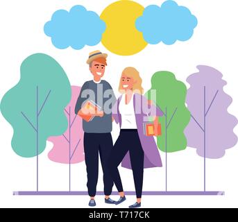 Couple millénaire redhead man wearing hat and blonde woman date promenade dans le parc à l'aide de la nature de fond smartphone avec arbres colorés sunny sky vector illustration graphic design Illustration de Vecteur