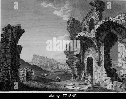 Gravure des ruines de la chapelle Saint-antoine en Ecosse, la Ville d'Edinburg en arrière-plan, du livre 'Antiquités de Grande Bretagne' par William Byrne et Thomas Hearne, 1807. Avec la permission de Internet Archive. () Banque D'Images