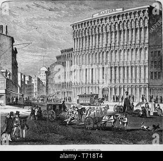 Gravure de l'Harper's printing house sur Franklin Square, New York City, du livre 'L'histoire industrielle des États-Unis, depuis le début de la colonisation à l'heure actuelle' par Albert Sidney Bolles, 1878. Avec la permission de Internet Archive. () Banque D'Images