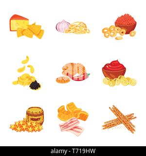 Cracker,bague,oignon,plaquettes,snack,cookie,de,apéritif,caviar,1900,le miel,bacon, fromage, FRY,red,Black,le poivre,le ketchup,canon,,frites,sésame,lactique,croquants, pain, culinaire,saveur,texture,poisson,alimentaire,produits,croquant,cuisine,arôme,goût seasonin,organiques,ingrédient,set,icône,,illustration,collection,isolé,design,graphisme,élément signe,caricature,couleur,vecteurs vecteur , Illustration de Vecteur