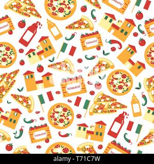 Une structure de tranches de pizza avec des ingrédients. Vecteur de fond transparent brillant tranches de pizza dans un style avec paysage italien. Illustration de Vecteur