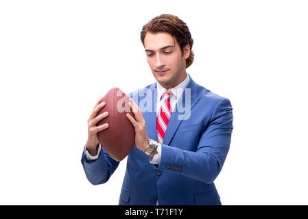 Jeune homme élégant avec ballon de rugby isolated on white Banque D'Images