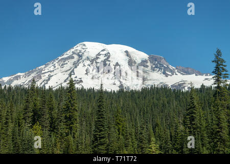 Le sommet du mont Rainier dans l'état de Washington contre le bleu de ciel d'été. Banque D'Images