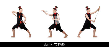 Femme drôle avec nunchucks isolated on white Banque D'Images