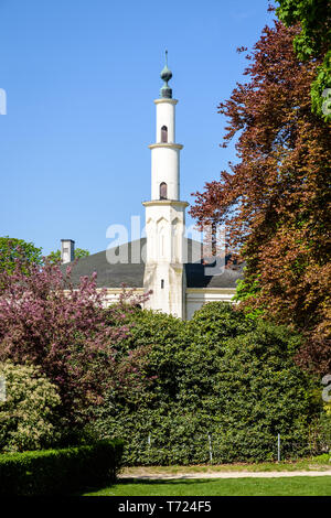 Le minaret de la grande mosquée de Bruxelles, Belgique, dépassant au-dessus des buissons dans le Parc du Cinquantenaire au printemps. Banque D'Images