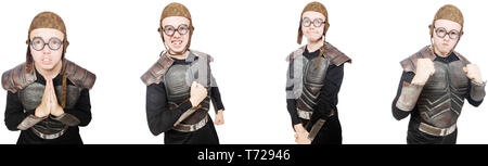 Jeune homme drôle en armure Banque D'Images