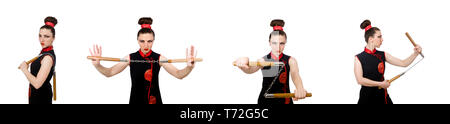 Femme drôle avec nunchucks isolated on white Banque D'Images