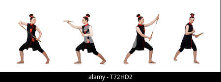 Femme drôle avec nunchucks isolated on white Banque D'Images