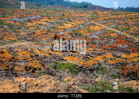 Un eathmoving travaille sur l'excavatrice Hitachi terres propices à une plantation de palmier à huile entre Kota Marudu et Kudat dans Sabah, Bornéo Malaisien Banque D'Images