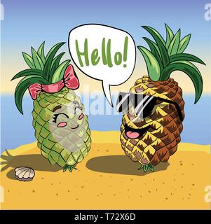 Vector background avec drôle les ananas dans les verres et le texte Bonjour . Modèle d'invitation avec cute smiling personnages de dessins animés. Illustration de Vecteur