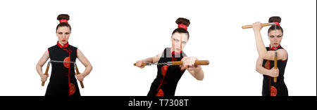 Femme drôle avec nunchucks isolated on white Banque D'Images