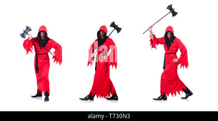 Bourreau en costume rouge avec ax on white Banque D'Images